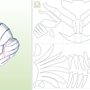 May include: A papercraft template for a helmet with a futuristic design. The template is printed on white paper and includes multiple pieces that need to be cut out and assembled.