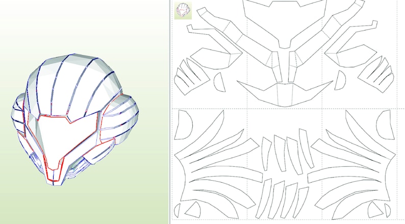 May include: A papercraft template for a helmet with a futuristic design. The template is printed on white paper and includes multiple pieces that need to be cut out and assembled.