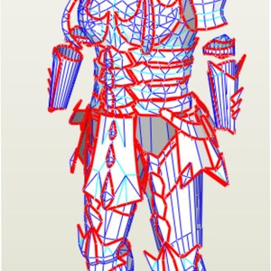 Puede incluir: Un dibujo de l&iacute;nea detallado de un guerrero con armadura, con l&iacute;neas rojas y azules que delinean el dise&ntilde;o. El guerrero lleva un casco con un cuerno, y la armadura est&aacute; detallada con intrincados patrones.