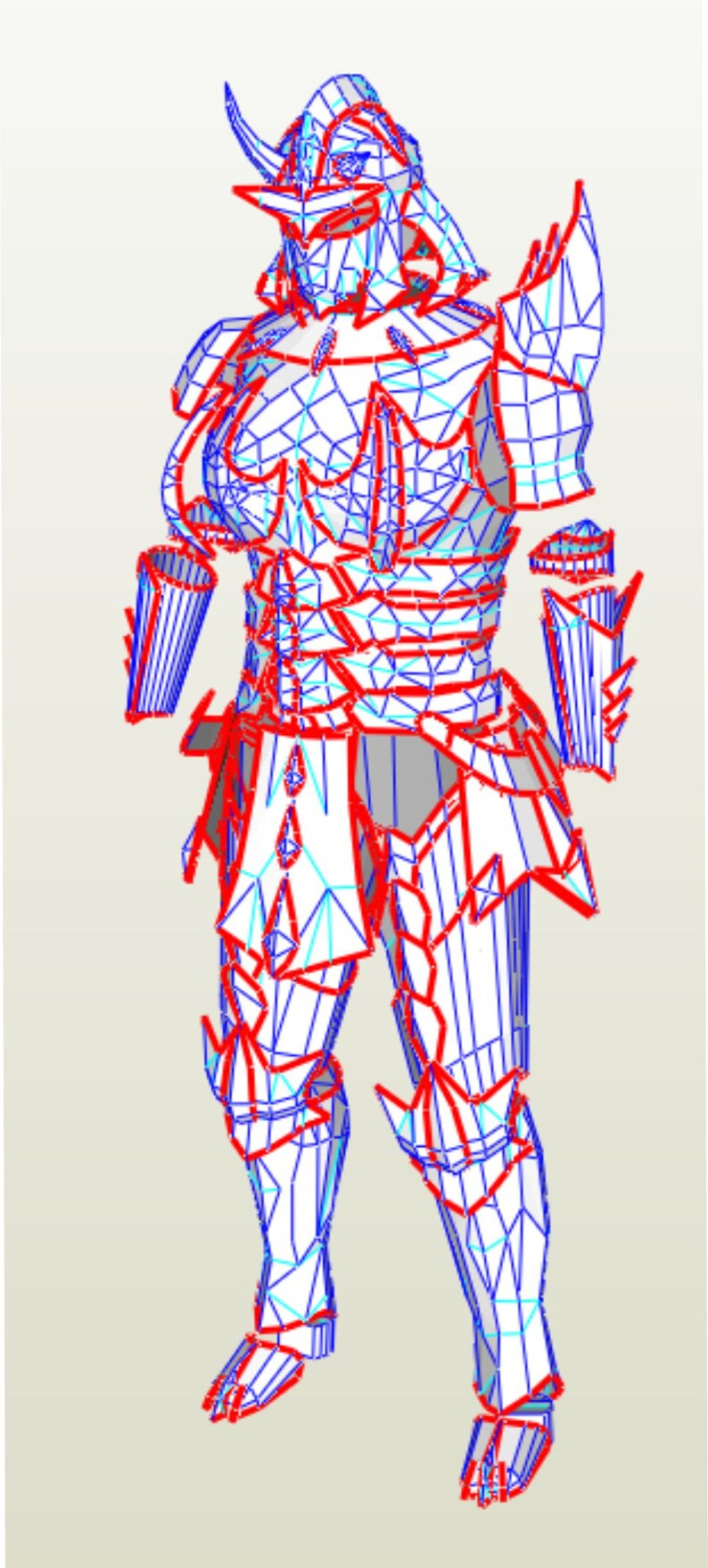 Puede incluir: Un dibujo de l&iacute;nea detallado de un guerrero con armadura, con l&iacute;neas rojas y azules que delinean el dise&ntilde;o. El guerrero lleva un casco con un cuerno, y la armadura est&aacute; detallada con intrincados patrones.