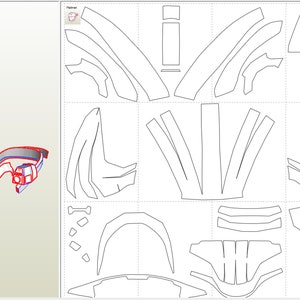 May include: A printable papercraft template for a helmet. The template is divided into multiple sections, each with lines and curves to be cut and folded. The helmet is designed to be assembled into a 3D model.