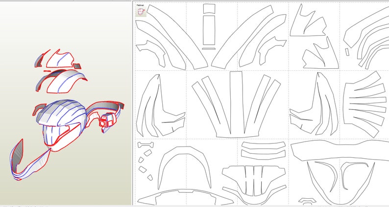 May include: A printable papercraft template for a helmet. The template is divided into multiple sections, each with lines and curves to be cut and folded. The helmet is designed to be assembled into a 3D model.