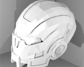 May include: A white plastic helmet with a futuristic design. The helmet has a visor and a series of ridges and grooves.
