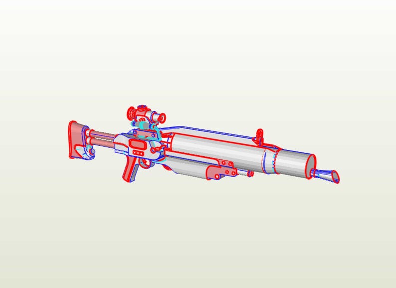 May include: A white and red futuristic-looking rifle with a scope and a barrel that extends out to the right. The rifle has a black handle and a silver trigger.