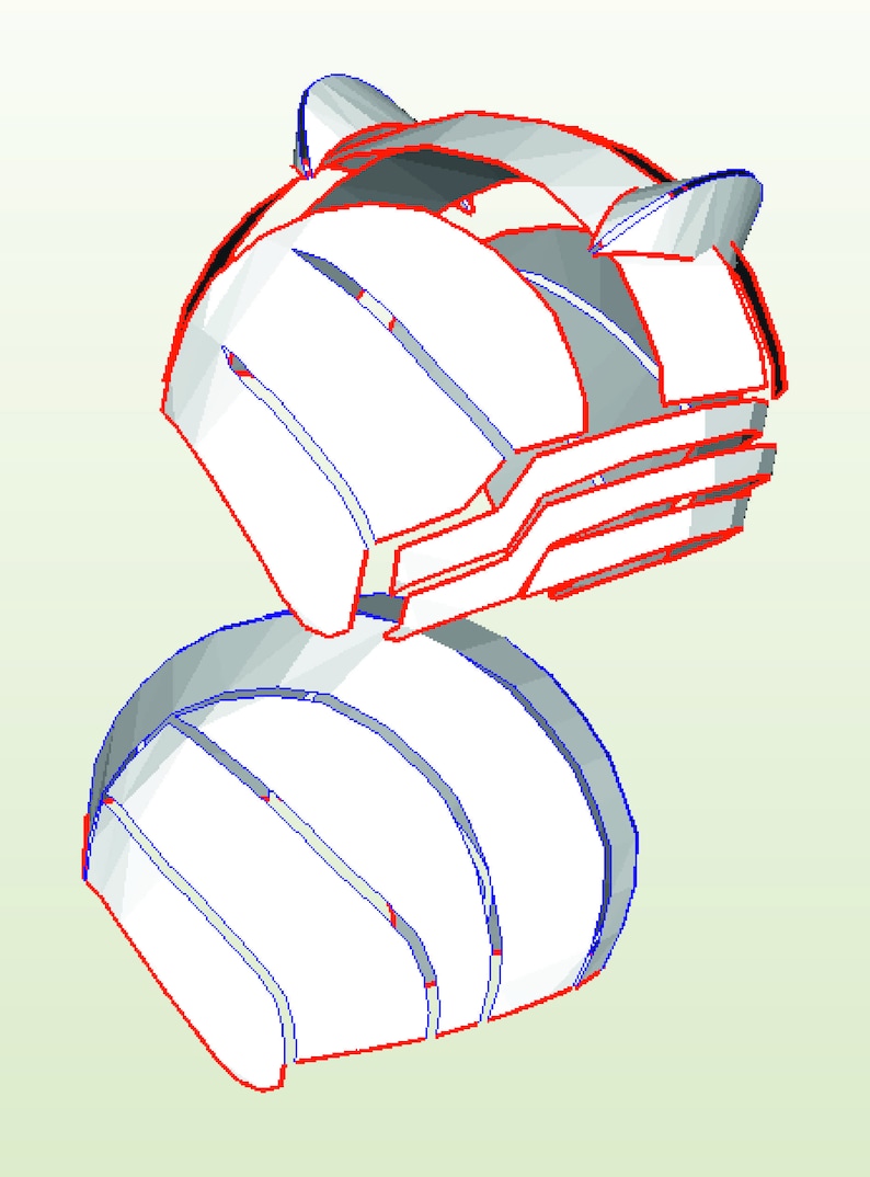 May include: A white helmet with a red and blue outline. The helmet has a rounded shape with a pointed top and a series of ridges on the front.