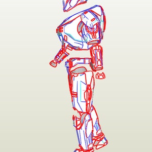 May include: Line art illustration of a white and blue robot with red outlines. The robot is standing with its left leg forward and its right leg back. The robot's head is separate from the body and is facing forward.