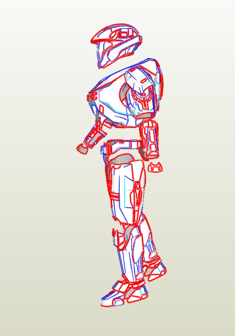 May include: Line art illustration of a white and blue robot with red outlines. The robot is standing with its left leg forward and its right leg back. The robot's head is separate from the body and is facing forward.