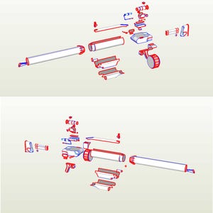 May include: A disassembled model of a rifle with a scope, barrel, and other parts. The parts are laid out on a white background.