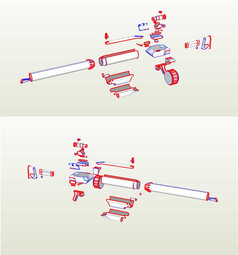 May include: A disassembled model of a rifle with a scope, barrel, and other parts. The parts are laid out on a white background.