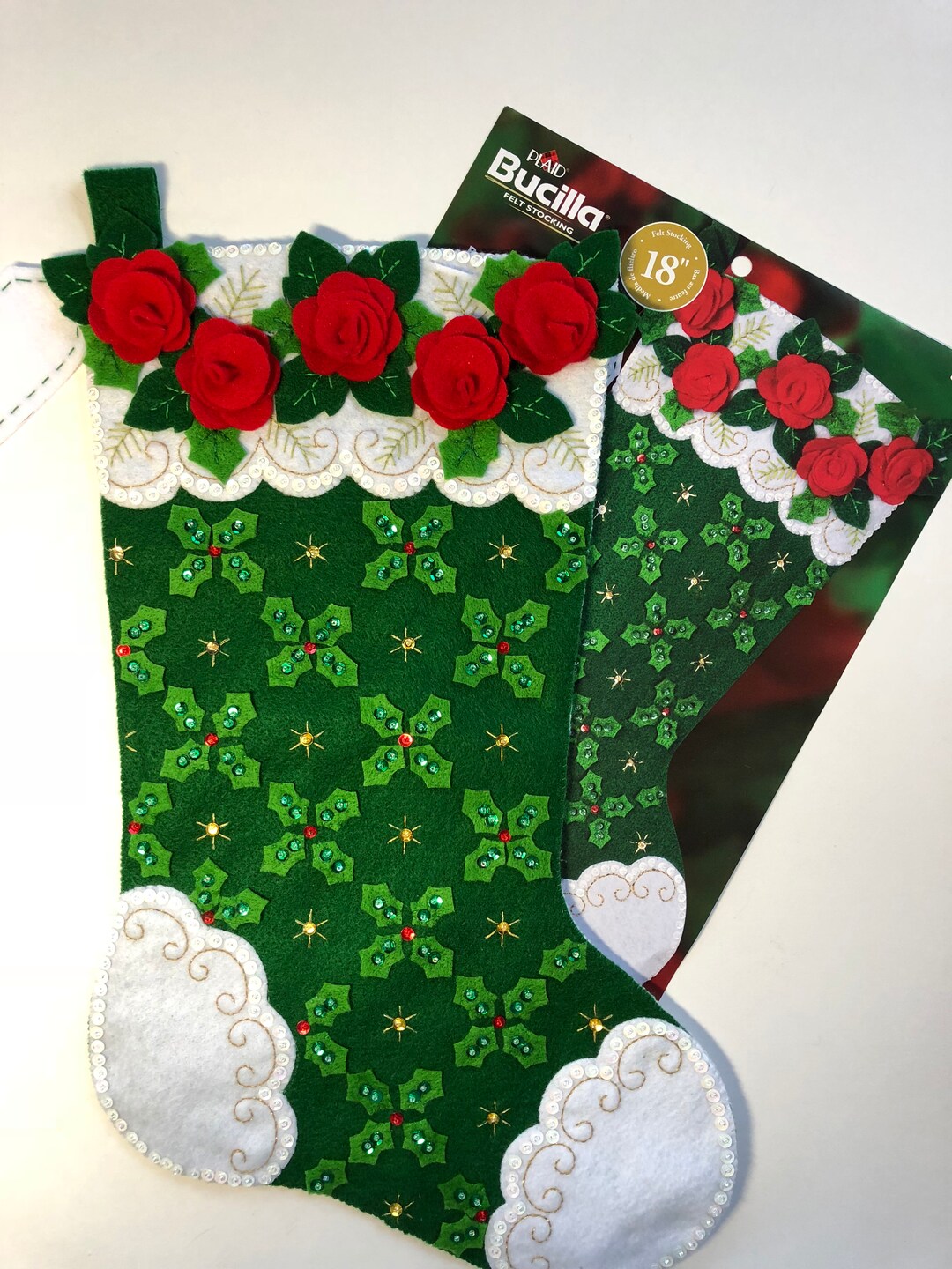 Bucilla Finished Christmas Stocking, Personalized Bucilla Christmas Stocking, Completed roses
