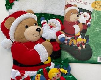 Bucilla Finished Christmas Stocking Personalized "Teddy's Christmas" #84252 Santa, Doll, Toys Teddy Bear Adorable
