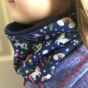 Childs Magical Unicorn Rainbow Reversible Fleece Navy Snood Cowl Neck Warmer Girls Ladies image 1