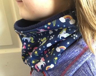 Childs Magical Unicorn Rainbow Reversible Fleece Navy Snood Cowl Neck Warmer Girls Ladies