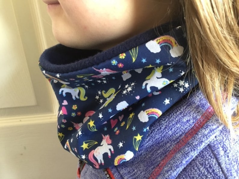 Childs Magical Unicorn Rainbow Reversible Fleece Navy Snood Cowl Neck Warmer Girls Ladies image 1