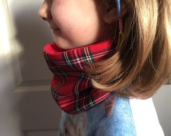 Childs Red Tartan Stewart Scottish Scotland Reversible Fleece  Snood Cowl Neck Warmer Kids Boys Girls Warm