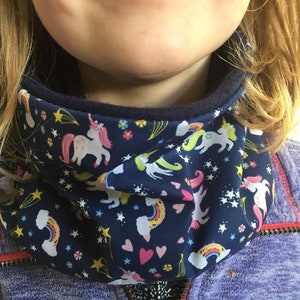 Childs Magical Unicorn Rainbow Reversible Fleece Navy Snood Cowl Neck Warmer Girls Ladies image 2