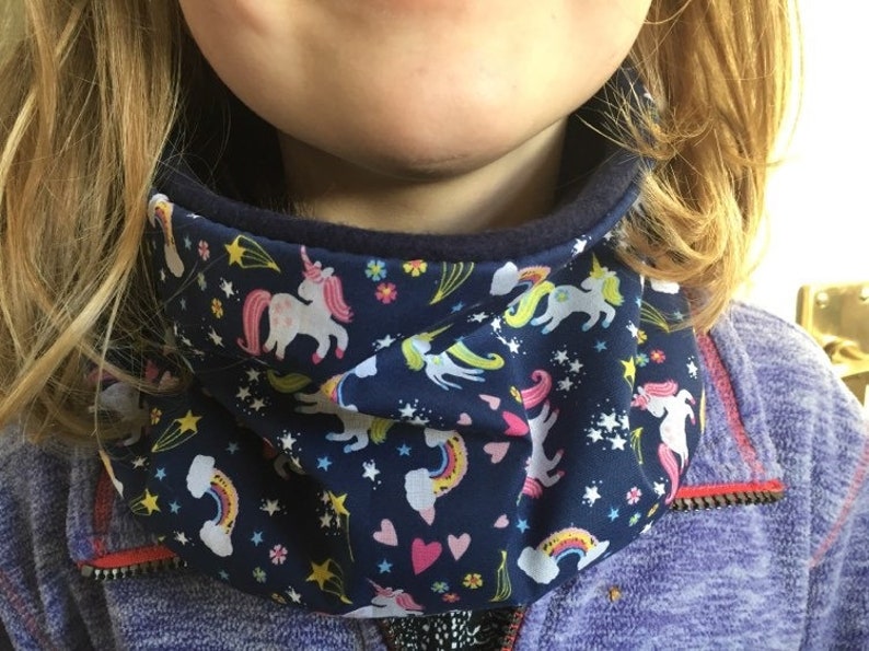 Childs Magical Unicorn Rainbow Reversible Fleece Navy Snood Cowl Neck Warmer Girls Ladies image 2