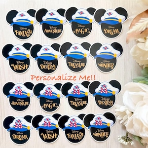 May include: A collection of Mickey Mouse-shaped die-cut stickers featuring cruise ship hats. Each sticker has a different ship name, such as "Fantasy," "Adventure," and "Magic." The text "Personalize Me!!" is also visible.