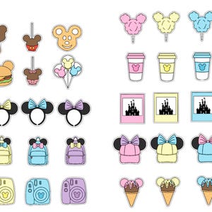 May include: A set of 30 printable stickers featuring various Disney characters and themes, including Mickey Mouse, Minnie Mouse, and the iconic Disney castle. The stickers are in a variety of colors, including pink, blue, yellow, and green.