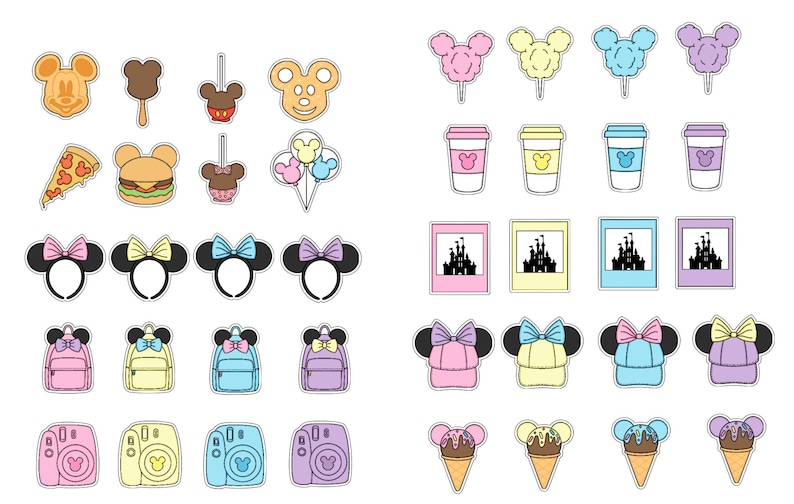 May include: A set of 30 printable stickers featuring various Disney characters and themes, including Mickey Mouse, Minnie Mouse, and the iconic Disney castle. The stickers are in a variety of colors, including pink, blue, yellow, and green.