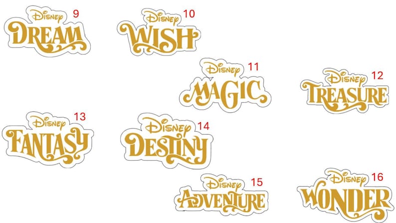 Pu&ograve; includere: Una collezione di adesivi con parole a tema Disney. Ogni adesivo presenta una parola in un carattere dorato e ornato con un contorno blu. Le parole includono "Dream", "Wish", "Magic", "Treasure", "Fantasy", "Destiny", "Adventure" e "Wonder".