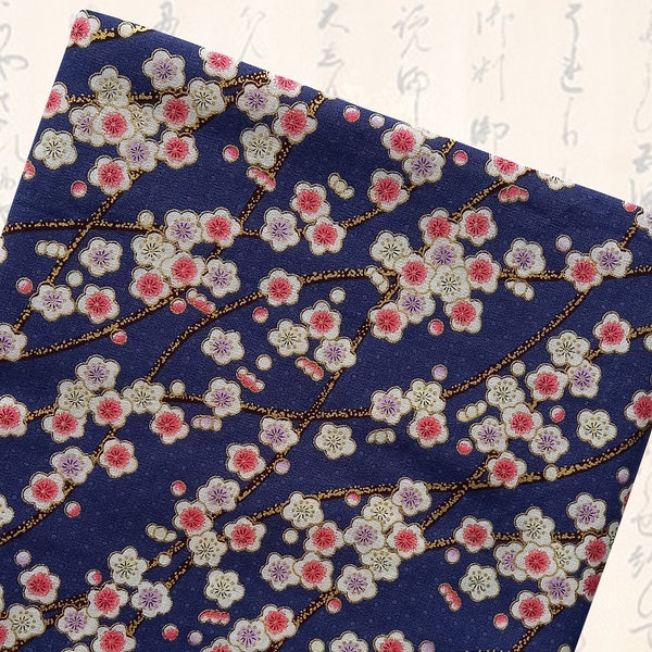 Tissu japonais, tissu coton, tissus japonais, tissu fleurs, fleurs de cerisier, sakura - tissu coton fleurs japonaises bleu