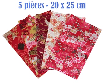 Tissu japonais, lot 5 coupons 20 x 25 cm, tissus japonais, tissu coton, mercerie, couture, bricolage, grues carpes et fleurs rouge