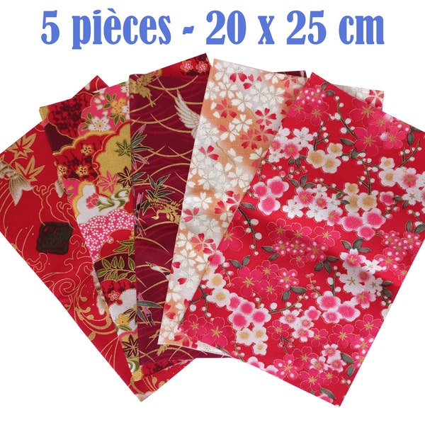 Tissu japonais, lot 5 coupons 20 x 25 cm, tissus japonais, tissu coton, mercerie, couture, bricolage, grues carpes et fleurs rouge