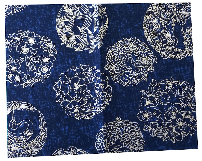 Tissu japonais, lot 5 coupons 20 x 25 cm, tissu coton, tissus japonais, fleurs et motifs géométriques, mercerie, couture, bleu marine et or image 6