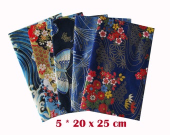 Tissu japonais, lot 5 coupons 20 x 25 cm, tissu coton, tissus japonais, vagues, papillon, mercerie, couture, bricolage, vagues et fleurs