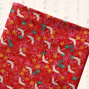 Japanese fabric, cotton, Japanese fabrics, traditional patterns, patchwork, Japanese cranes, crane fabric, crane - flight of red cranes