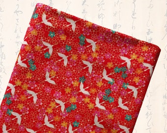 Tissu japonais, coton, tissus japonais, motifs traditionnels, patchwork, grues japonaises, tissu grues, grue - envol de grues rouge