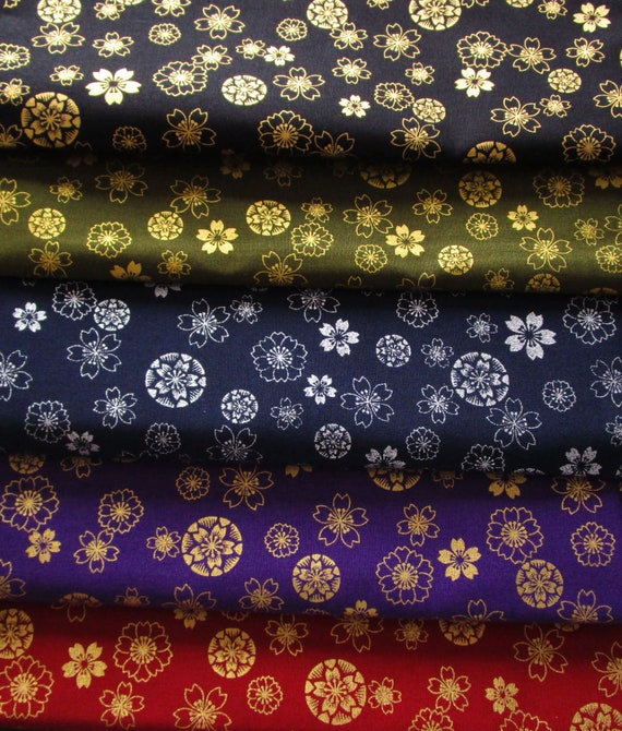 Japanese Import Fabric Crane and Flowers Cotton Multiple Sizes Black Kio