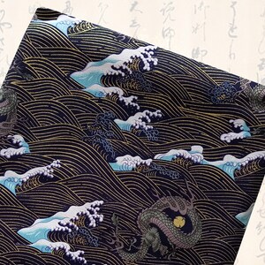 Japanese fabric, dragon patterns, Japanese fabrics, cotton fabric, patchwork fabric, patchwork, dragon, waves - Blue Umi to Ryû patterns