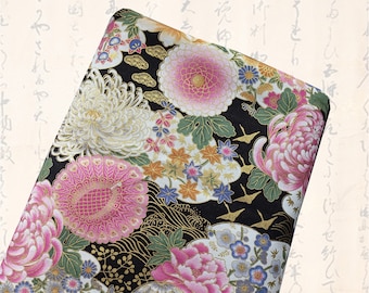 Tissu japonais, tissu grues japonaises, noir et or, tissus japonais, tissu patchwork, fleurs japonaises - Tissu motifs tsuru et fleurs