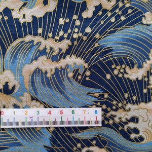 Tissu japonais, motifs vagues, bleu, tissus japonais, tissu coton, tissu patchwork, patchwork, vagues Motifs vagues or Umi bleu image 3