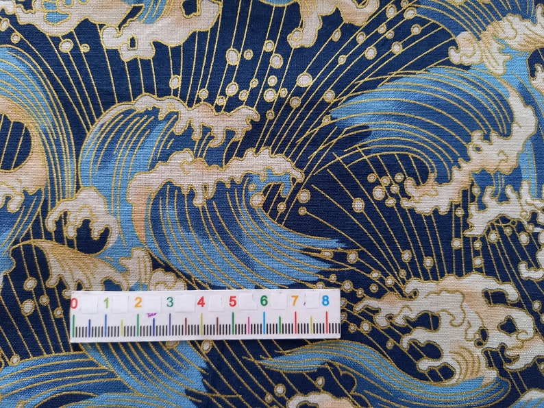 Tissu japonais, motifs vagues, bleu, tissus japonais, tissu coton, tissu patchwork, patchwork, vagues Motifs vagues or Umi bleu image 3