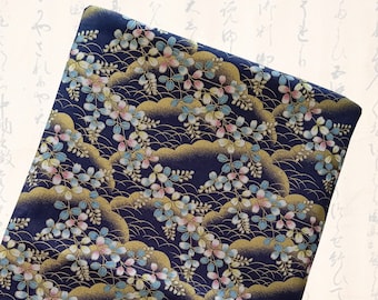 Tissu japonais, fleurs, tissus japonais, patchwork japonais, tissu patchwork, fleurs - tissu branches fleurs japonaises bleu