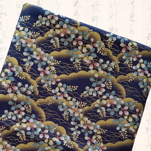 Tissu japonais, fleurs, tissus japonais, patchwork japonais, tissu patchwork, fleurs - tissu branches fleurs japonaises bleu