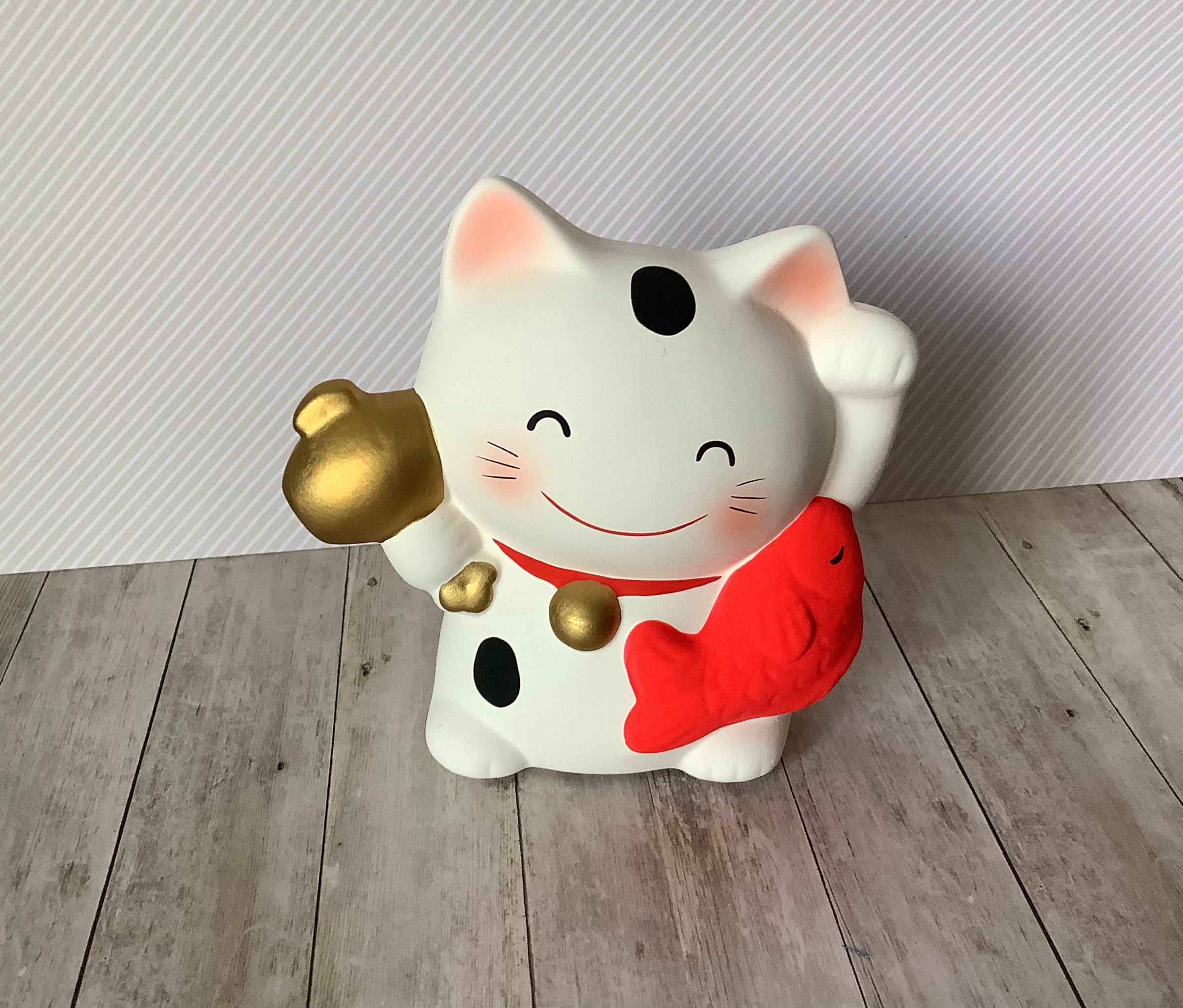 Figurine Tirelire Porte-Bonheur Manekineko Blanc, Terre Cuite, Fabriqué Au Japon 11 cm