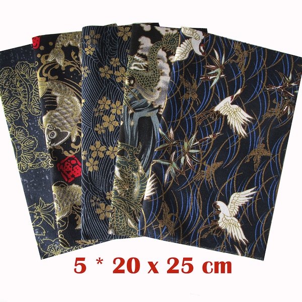Tissu japonais, lot 5 coupons 20 x 25 cm, tissus japonais, tissu coton, mercerie, couture, grues, poissons, carpes koi, fleurs bleu
