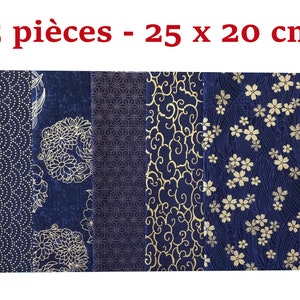 Tissu japonais, lot 5 coupons 20 x 25 cm, tissu coton, tissus japonais, fleurs et motifs géométriques, mercerie, couture, bleu marine et or image 2