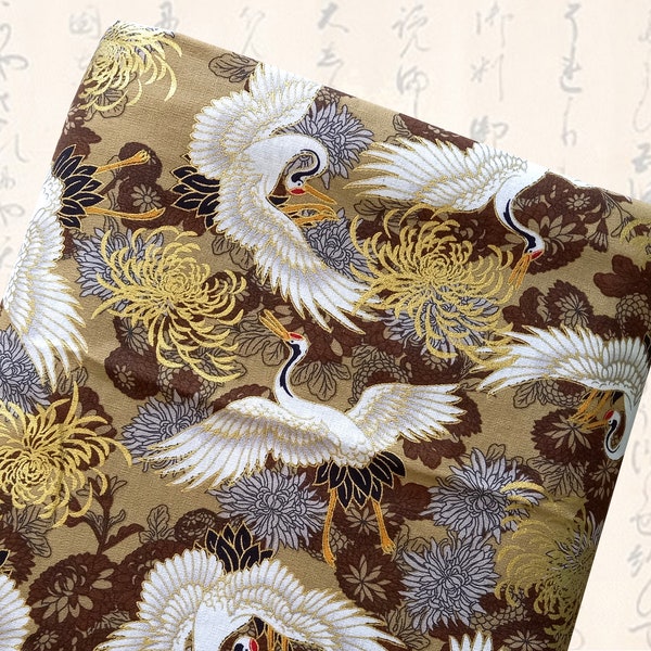 Tissu japonais, tissu coton, tissus japonais, traditionnel, tissu patchwork, grue japonaises, tissu grues, grues - Tsuru beige et or