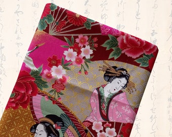 Tissu japonais, tissus japonais, tissu motifs ukiyoe, tissu fleurs, estampes japonaises - motif ukiyo e  japonaises rose