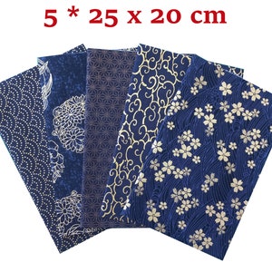 Tissu japonais, lot 5 coupons 20 x 25 cm, tissu coton, tissus japonais, fleurs et motifs géométriques, mercerie, couture, bleu marine et or image 1