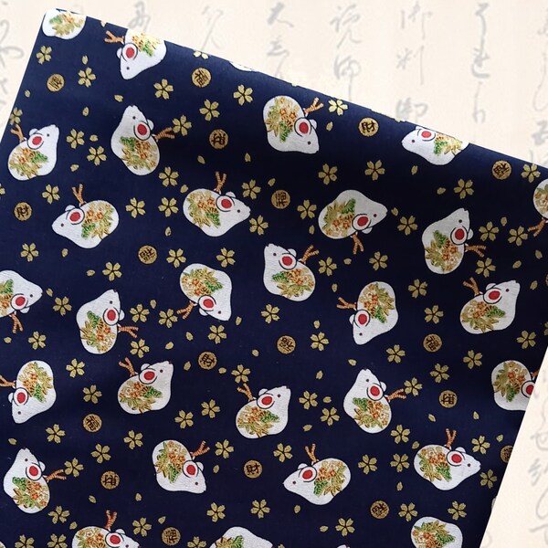 Tissu japonais, tissu coton, tissus japonais, tissu souris, petite souris - Motifs petites souris bleu marine