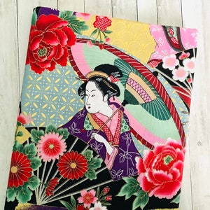 Tissu japonais, tissus japonais, tissu motifs ukiyoe, tissu fleurs, estampes japonaises motif ukiyo e japonaises vert image 1