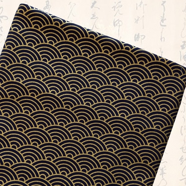 Japanese fabric, seigaiha patterns, Japanese fabrics, cotton fabric, patchwork fabric, waves - black blue gold seigaiha wave patterns