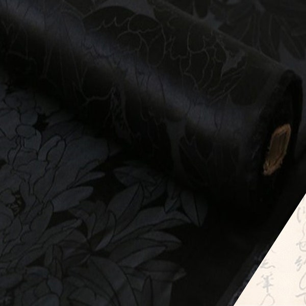 45 x 110 cm Brocart de soie, tissu brocart, noir, tissu fleurs, soie de coton - Brocart de soie de coton motifs grandes fleurs noires