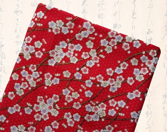 Tissu japonais, tissu coton, tissus japonais, tissu fleurs, fleurs de cerisier, sakura - tissu coton fleurs japonaises rouge